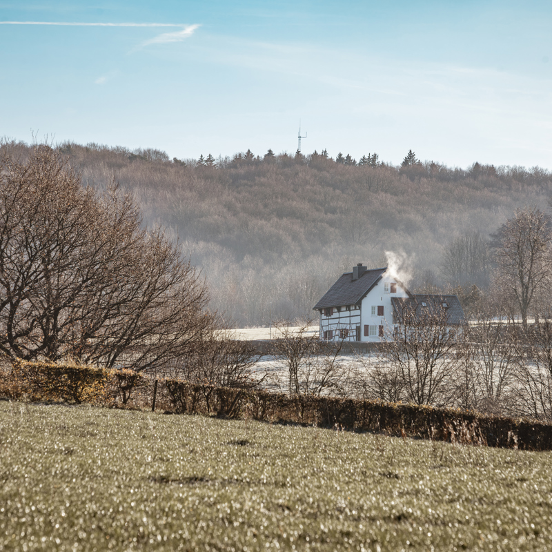 Zicht op winterse heuvel met daarvoor wit vakwerkhuis in graslandschap 