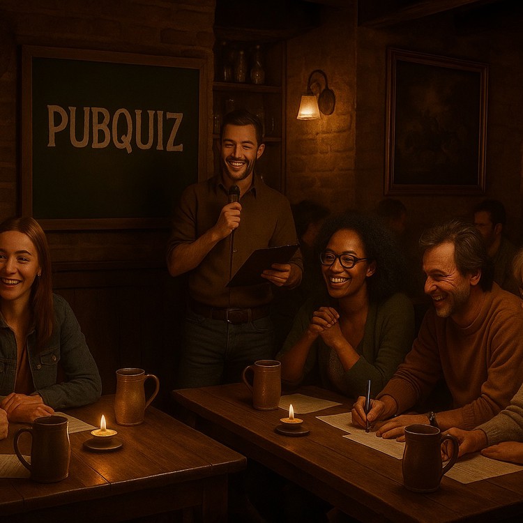 AI foto van jonge mensen die een pubquiz spelen in een bruin café