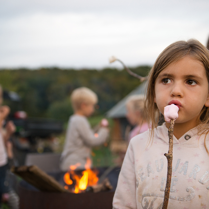 Meisje blaast op marshmallow op stokje, met daarachter andere kinderen en een vuurkorf. 