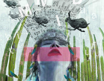 Kunstwerk van zwart wit foto van vrouw met rode lippen en voorbij huppende hazen en groene cactus stengels