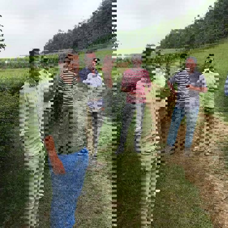 Groepje mensen luisteren naar iemand op een veldweg