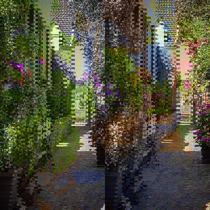 De Batsteeg met kleurrijke bloemen in Eijsden