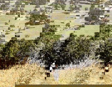 Wandelaar onderweg in heuvellandschap met achterliggende weiden en bossen @Sandraengels73