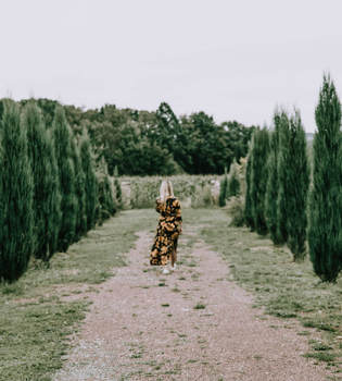 Een vrouw in een lange jurk wandelt door een laan met cipressen aan weerszijden