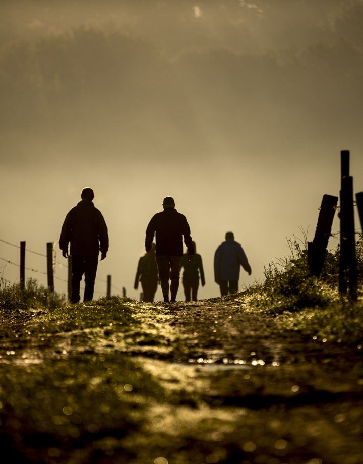 Wandelaars lopen de mist tegemoet