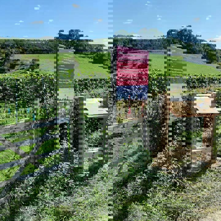 De toegangspoort van Landgoed Overst met twee informatieve wijnborden