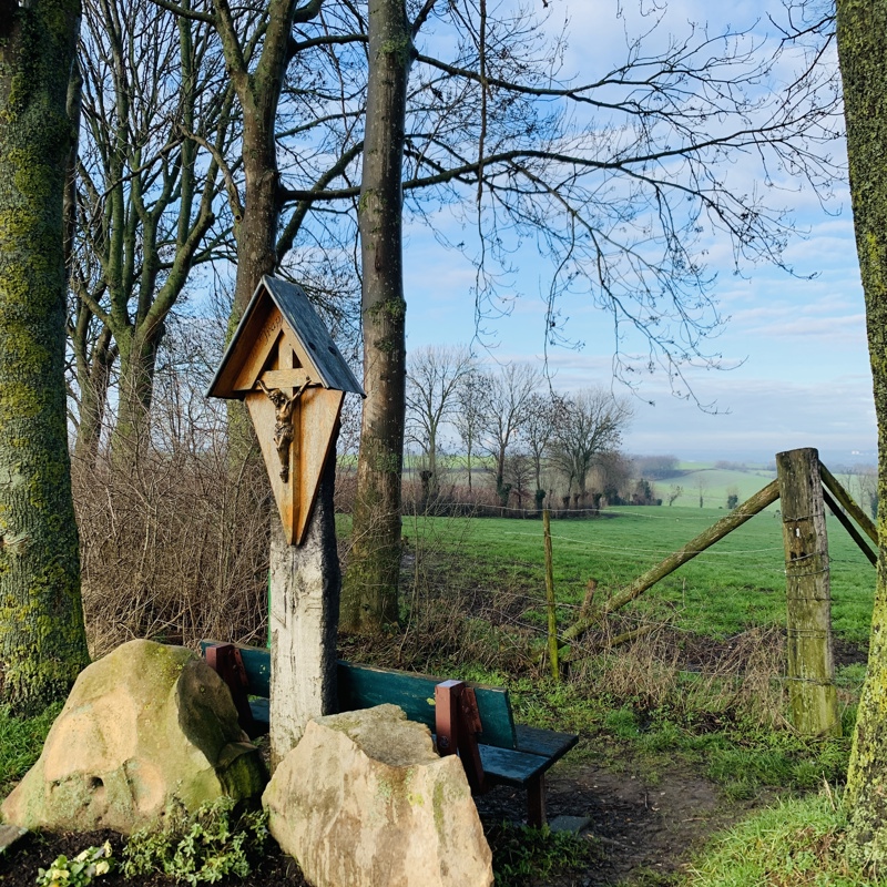 Een houten wegkruisje met een bankje dat uitkijkt over Winthagen