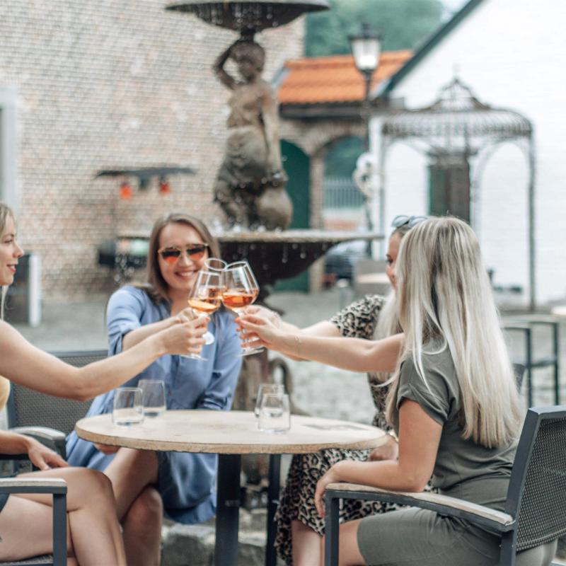 Vier jonge meiden proosten met een rosé wijn op het terras