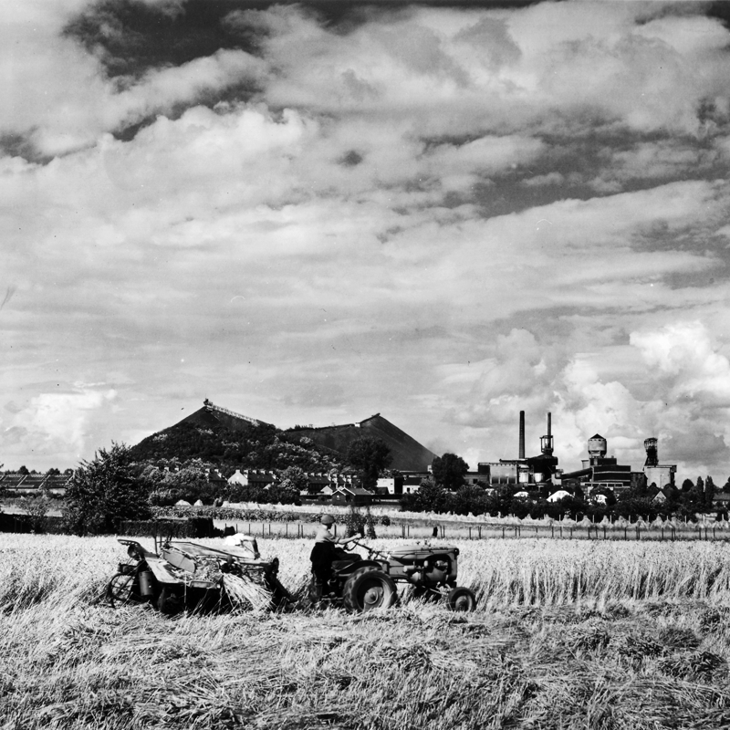 Een oude zwart-wit foto met zicht op de Wilhelmina mijn en berg, voorgrond een tractor.