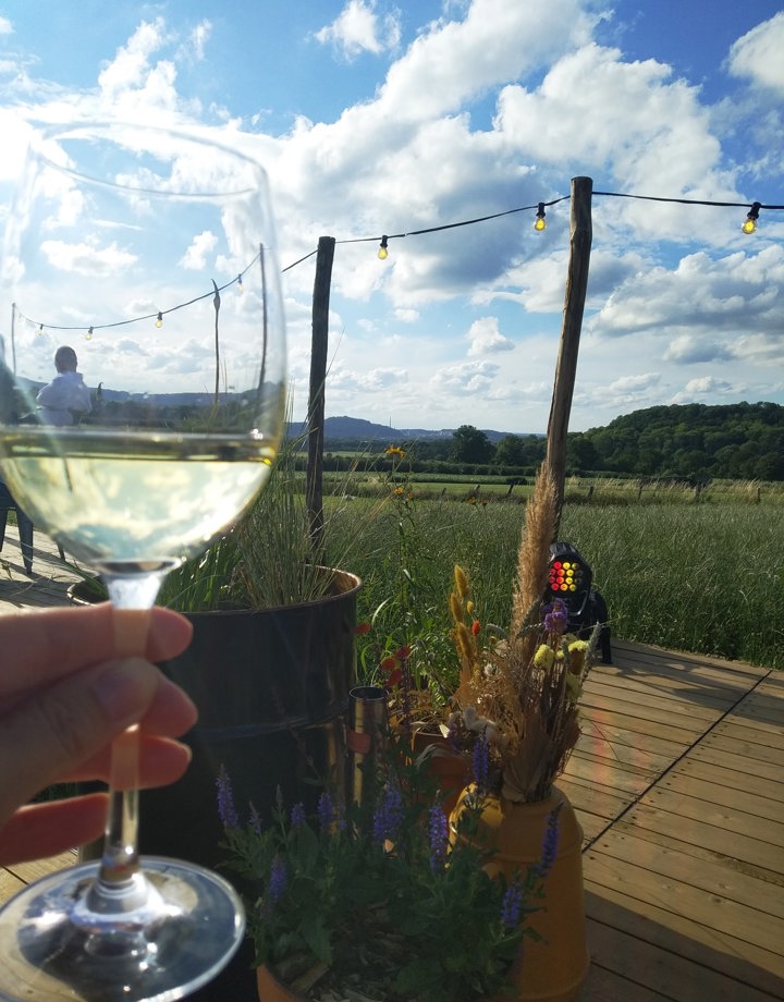 close-up van een glas witte wijn op een sfeervol terras met de natuur op de achtergrond