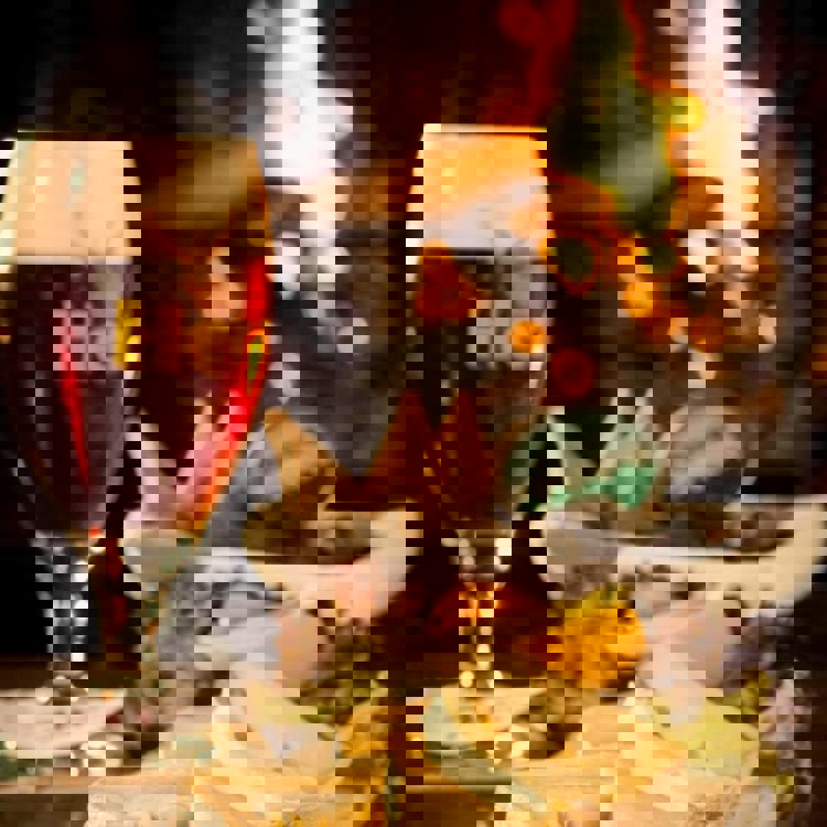 Verse streekproducten en een winters biertje op tafel uitgestald voor een verwarmend haardvuurtje