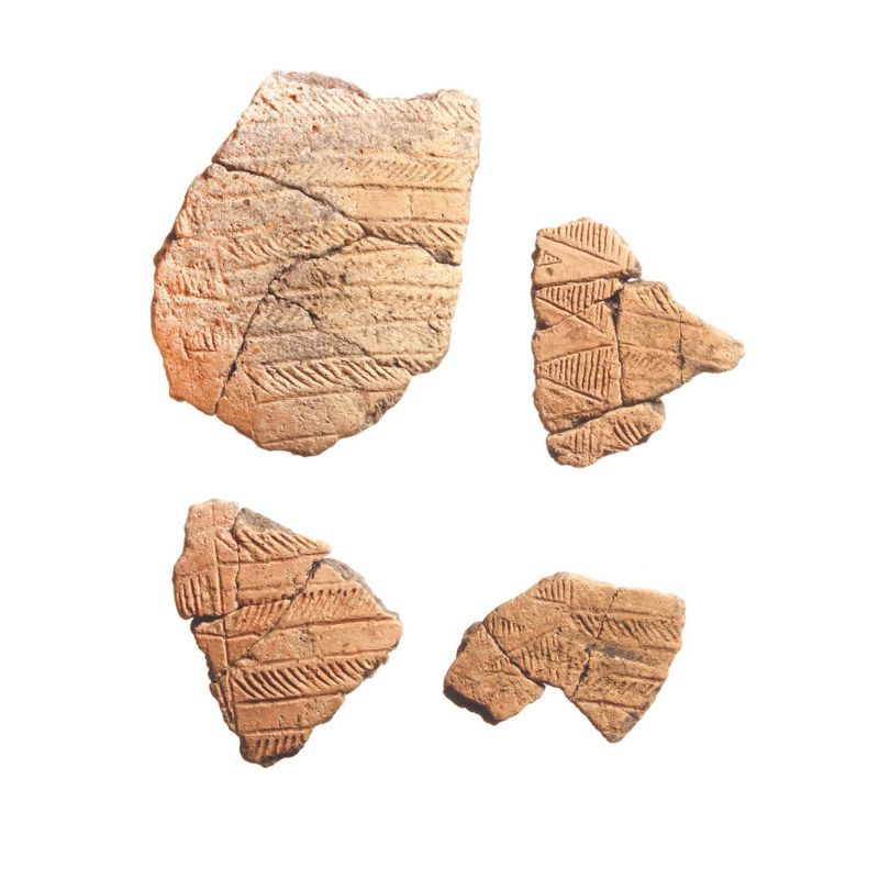 4 scherven van een Bandkeramische pot met lijnversieringen