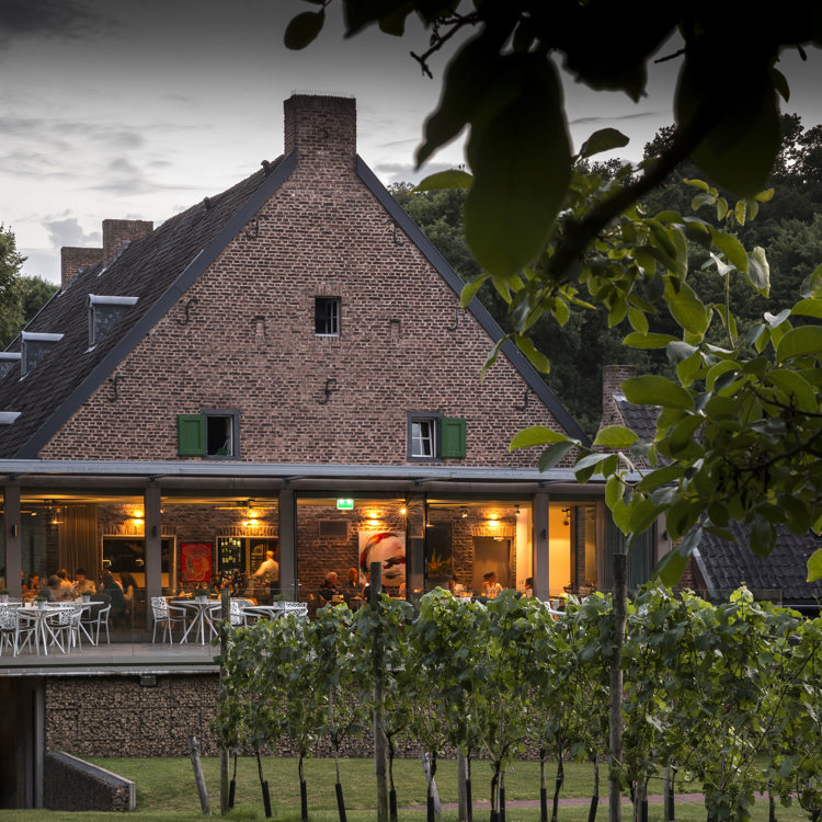 Landgoedhotel bij schemering. Beeld vanuit wijngaard en zicht op verlichte binnenruimte