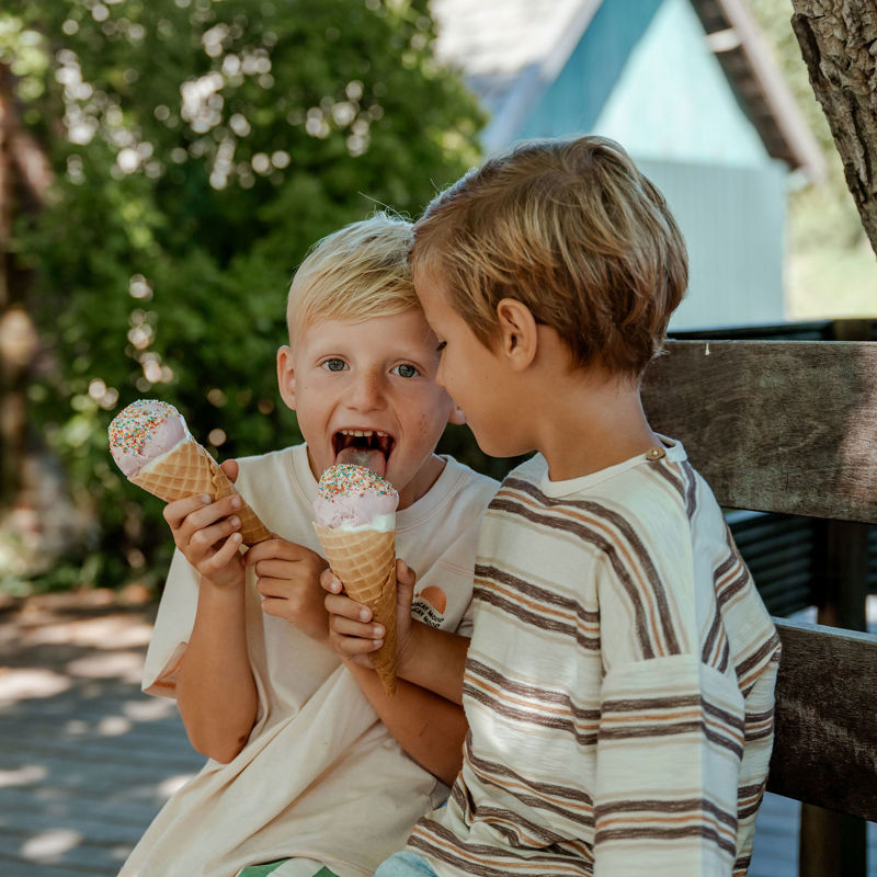 Twee kinderen zijn een ijsje aan het eten met discodip op een bankje