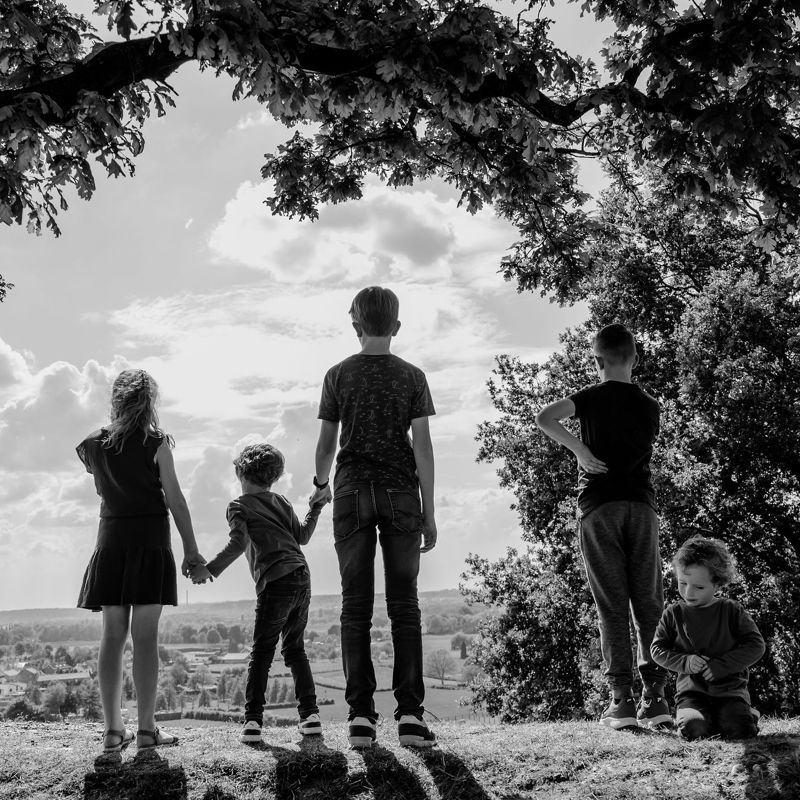 Een gezin van 5 kijken naar het uitzicht vanaf de Bemelerberg