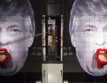 Kunstwerk van twee foto's van Trump met Urinoir op plek van monden