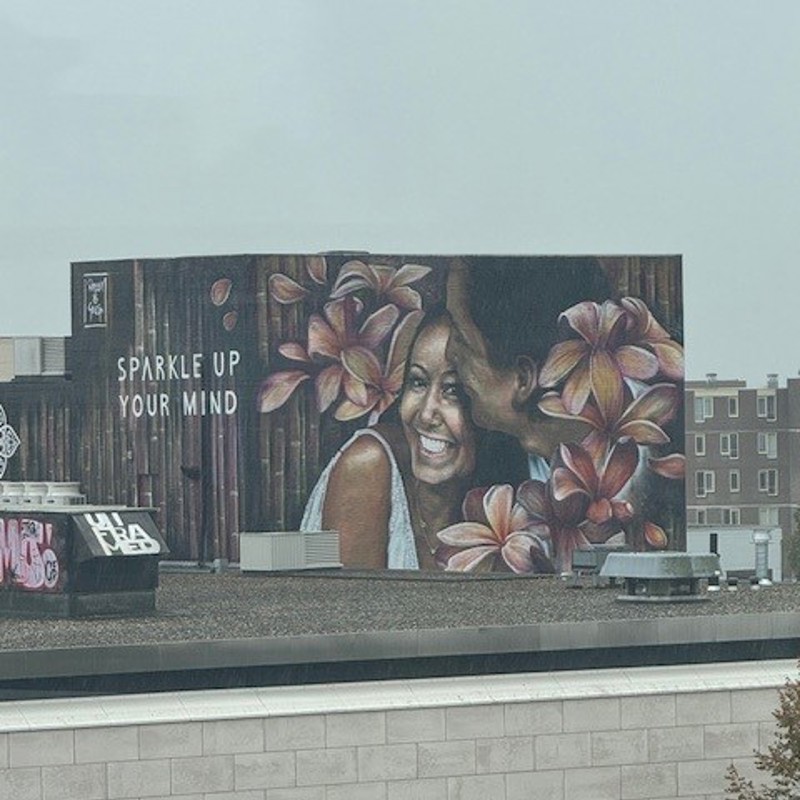 Mural van een verliefd koppel op de daken in Heerlen